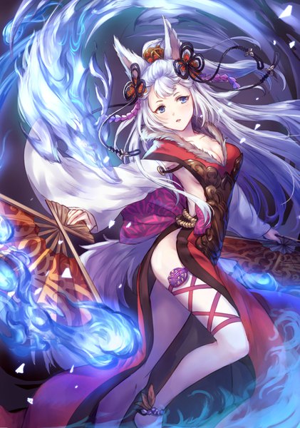 Anime picture 1054x1502 with granblue fantasy socie (granblue fantasy) kuze kaname single long hair tall image looking at viewer blush fringe breasts blue eyes light erotic large breasts holding animal ears silver hair bent knee (knees) ponytail tail parted lips