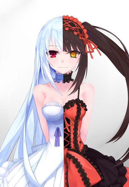 Anime picture 3425x4960 with date a live tokisaki kurumi empty (date a live) amen long hair tall image looking at viewer highres black hair simple background red eyes bare shoulders multiple girls yellow eyes payot absurdres white hair very long hair gradient background side ponytail