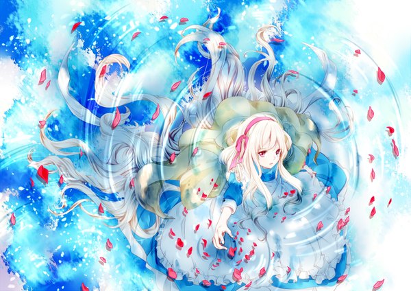 Anime picture 1637x1157 with kagerou project shaft (studio) mary (kagerou project) ririnko single looking at viewer blush open mouth blonde hair red eyes sky very long hair short sleeves partially submerged reflection girl dress ribbon (ribbons) hair ribbon petals