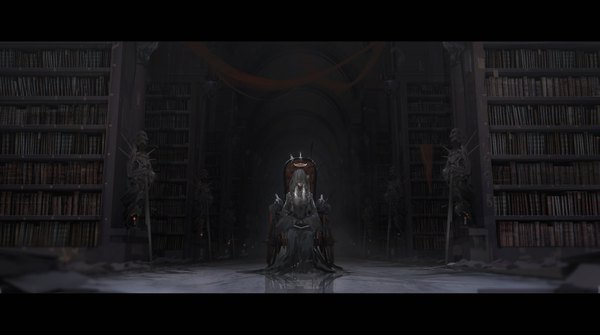 Anime picture 3581x2000 with original pixiv fantasia pixiv fantasia revenge of the darkness novelance single long hair highres wide image sitting holding white hair indoors grey background wide sleeves reflection letterboxed skeleton covering eye (eyes) gothic bone (bones)