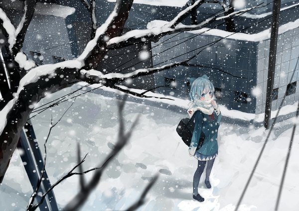 Anime picture 2600x1838 with touhou cirno bou shaku single looking at viewer highres short hair blue eyes from above aqua hair snowing winter snow exhalation bare tree footprints cold girl bow plant (plants)