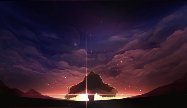 Anime picture 2000x1157 with fate (series) fate/zero type-moon rider (fate/zero) single highres short hair wide image sky cloud (clouds) from behind back evening sunset mountain boy star (stars) mantle