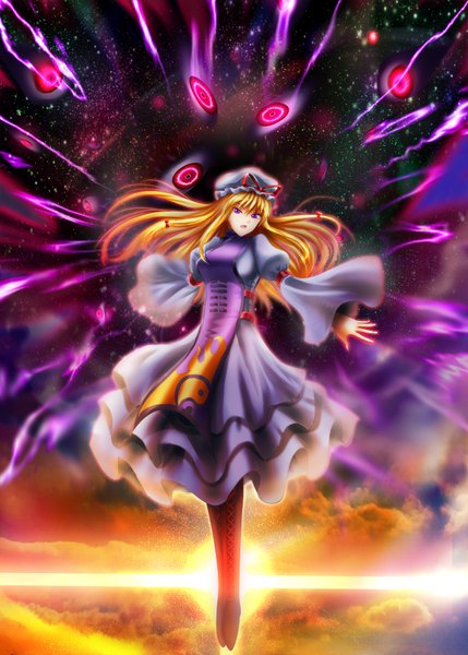 Anime picture 1430x2000 with touhou yakumo yukari azumajin single long hair tall image looking at viewer open mouth blonde hair purple eyes cloud (clouds) lens flare eyes girl dress bonnet