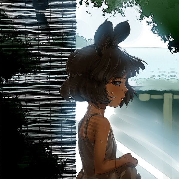 Anime picture 1000x1000 with touhou nazrin shinburu single looking at viewer short hair brown hair bare shoulders brown eyes upper body profile sweat alternate costume embarrassed sleeveless girl shirt wind chime