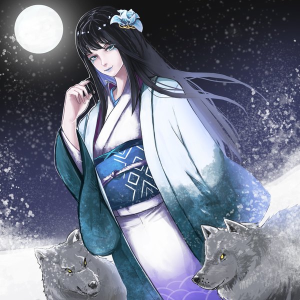 Anime picture 2000x2000 with original hirokima single long hair looking at viewer fringe highres black hair standing green eyes yellow eyes traditional clothes japanese clothes hair flower wind night wide sleeves night sky adjusting hair snowing