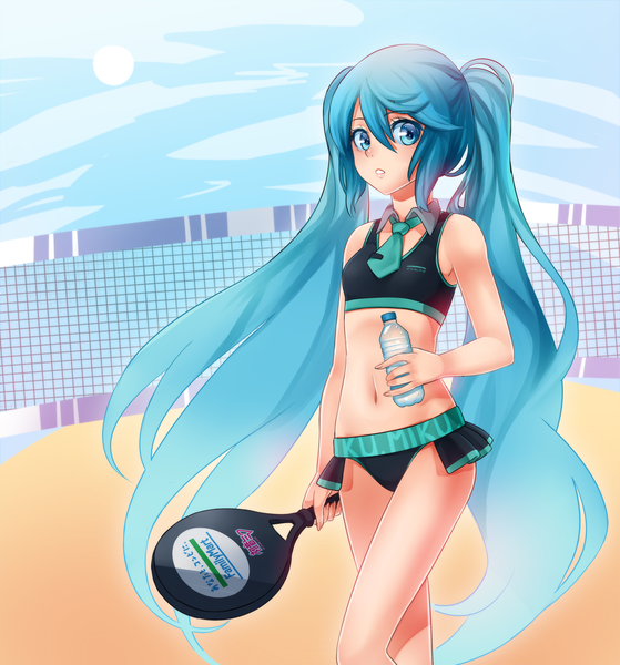 Anime picture 1200x1289 with vocaloid hatsune miku racoon-kun tall image looking at viewer blue eyes light erotic twintails bare shoulders blue hair very long hair girl navel necktie tennis racket