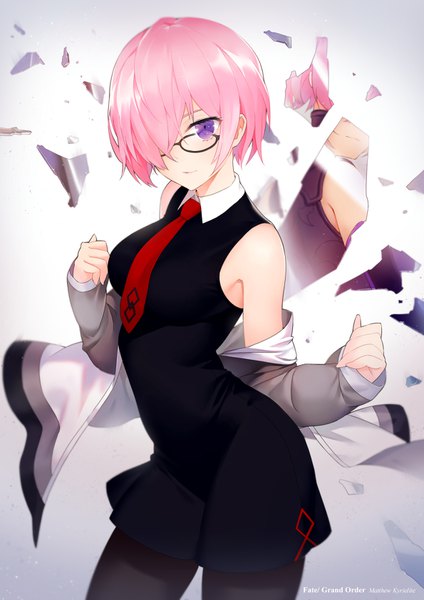 Anime picture 1190x1684 with fate (series) fate/grand order mash kyrielight felix (felix901123) single tall image looking at viewer fringe short hair standing purple eyes pink hair hair over one eye open jacket copyright name sleeveless girl pantyhose glasses necktie