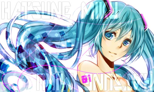 Anime picture 2000x1200 with vocaloid hatsune miku nou single long hair highres simple background wide image white background twintails aqua eyes aqua hair inscription character names girl