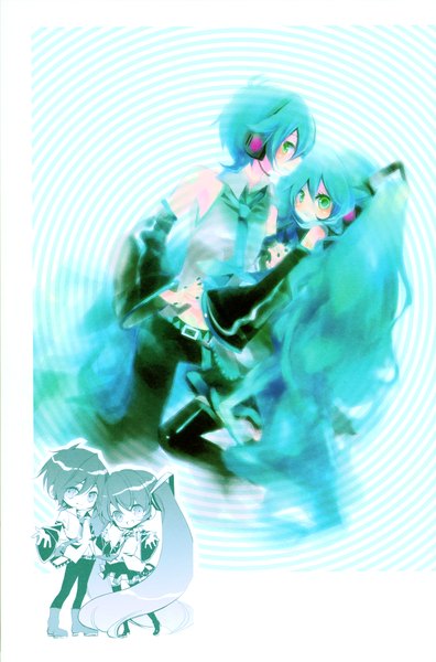 Anime picture 4003x6059 with vocaloid hatsune miku kaito (vocaloid) hatsune mikuo long hair tall image highres short hair blue eyes twintails green eyes blue hair absurdres long sleeves aqua eyes aqua hair holding hands girl boy detached sleeves