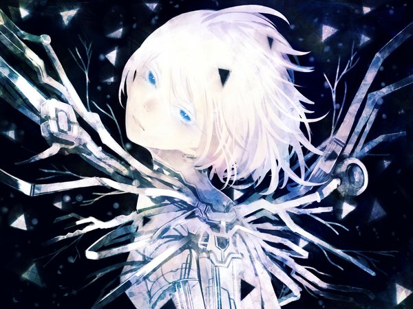Anime picture 1120x840 with original bounin single looking at viewer short hair blue eyes white hair looking back pale skin mechanical parts girl debris android