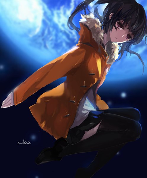 Anime picture 851x1028 with log horizon akatsuki (log horizon) swd3e2 single long hair tall image looking at viewer fringe black hair brown eyes ponytail pleated skirt sunlight night open clothes open jacket night sky spread arms jumping girl