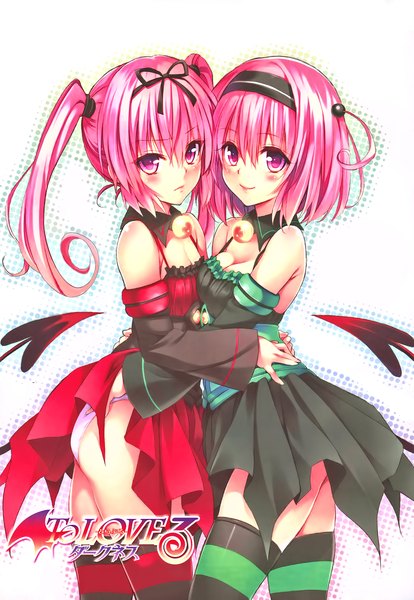 Anime picture 829x1200 with toloveru toloveru darkness xebec momo velia deviluke nana asta deviluke ulquiorra90 long hair tall image blush short hair light erotic simple background smile twintails multiple girls pink hair ponytail tail pink eyes light smile