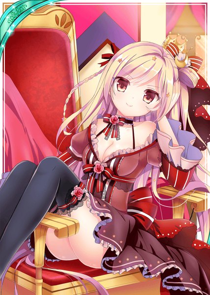 Anime picture 640x896 with shinkai no valkyrie tishtrya natsumi (artist) single tall image looking at viewer light erotic blonde hair smile sitting bare shoulders cleavage indoors braid (braids) very long hair pink eyes arm support puffy sleeves thighs side braid
