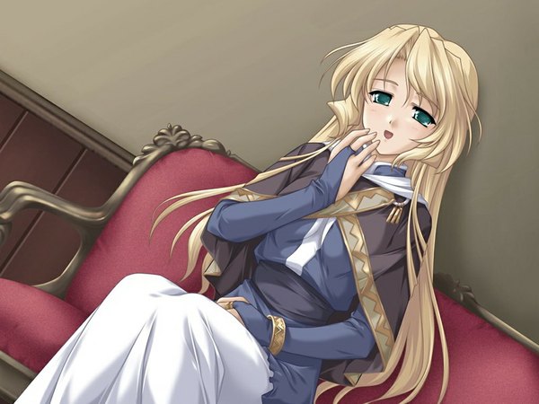 Anime picture 1024x768 with aka (game) blonde hair green eyes game cg girl