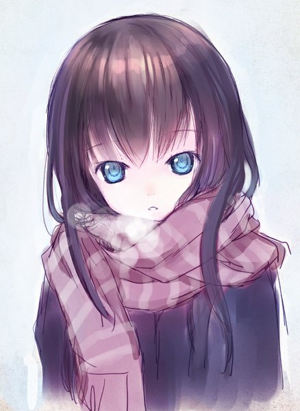 Anime picture 584x800 with original kiran single long hair tall image looking at viewer fringe blue eyes simple background brown hair blue background exhalation girl scarf striped scarf