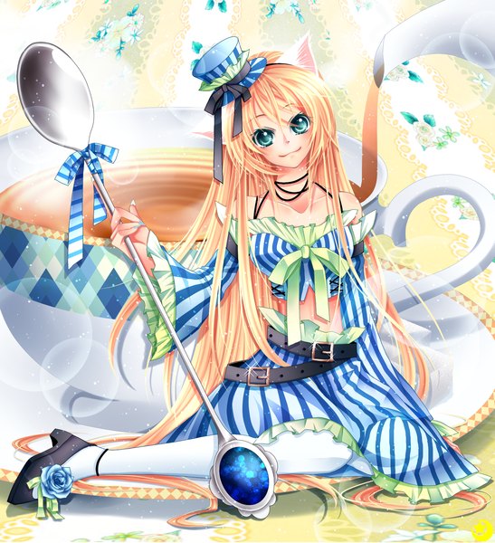 Anime picture 1640x1800 with original midzuki single long hair tall image looking at viewer blush blue eyes blonde hair smile animal ears cat ears midriff girl dress flower (flowers) hat detached sleeves belt cup