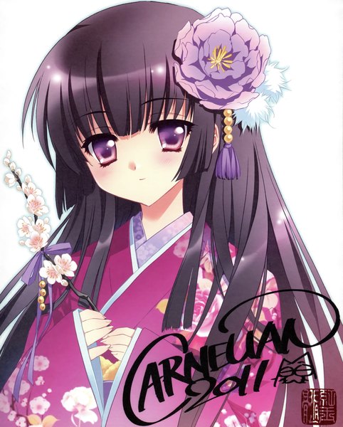 Anime picture 3384x4208 with original carnelian single long hair tall image looking at viewer blush highres black hair simple background white background purple eyes signed absurdres traditional clothes japanese clothes hair flower scan girl hair ornament