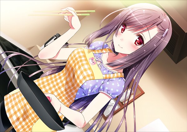 Anime picture 1024x725 with friends (game) kamiya maneki long hair blush black hair smile red eyes game cg cooking girl apron
