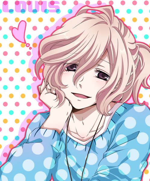 Anime picture 1500x1805 with brothers conflict idea factory asahina louis iroha (hime0x0) single long hair tall image looking at viewer blush open mouth blonde hair purple eyes ponytail character names polka dot polka dot background boy