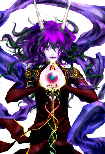 Anime picture 1280x1862 with moneynew single long hair tall image green eyes purple hair multicolored hair horn (horns) lips two-tone hair chinese zodiac dragon (chinese zodiac) boy
