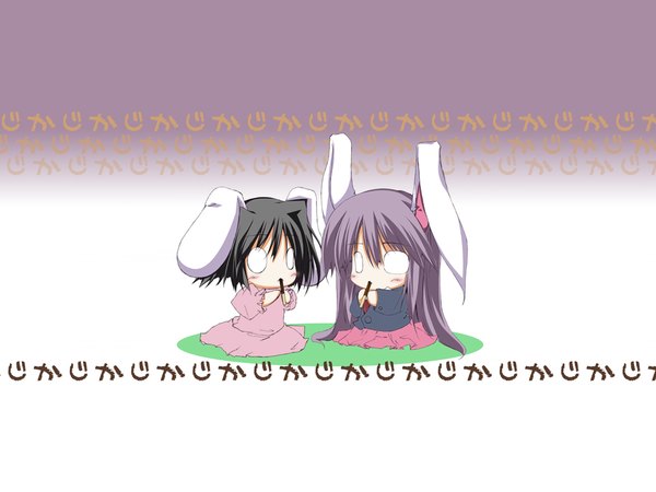 Anime picture 1024x768 with touhou reisen udongein inaba inaba tewi animal ears bunny ears bunny girl chibi o o girl sweets pocky s e n