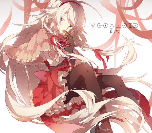 Anime picture 1024x900 with vocaloid ia (vocaloid) no (artist) single long hair looking at viewer blue eyes bent knee (knees) white hair braid (braids) twin braids girl dress gloves ribbon (ribbons) hair ribbon black gloves cape red dress cookie (cookies)
