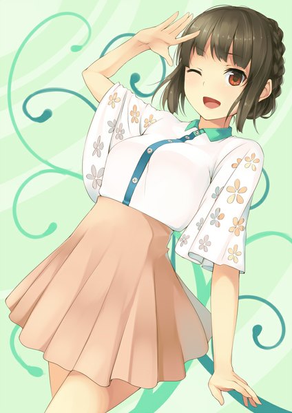 Anime picture 706x1000 with original unasaka ryou single tall image blush short hair open mouth black hair red eyes one eye closed wink girl dress