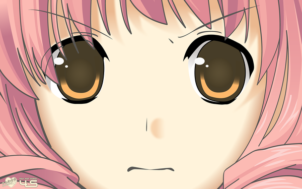 Anime picture 2560x1600 with katawa shoujo mikado shiina single looking at viewer highres smile wide image brown eyes pink hair close-up frown girl