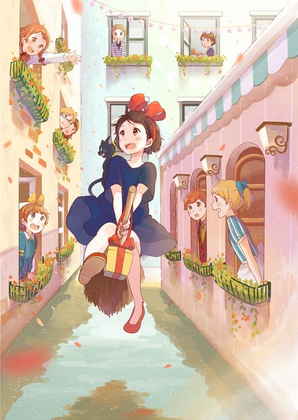 Anime picture 811x1145 with kiki's delivery service studio ghibli kiki jiji kana (okitasougo222) tall image blush fringe short hair open mouth blue eyes blonde hair brown hair holding brown eyes ponytail braid (braids) twin braids happy witch