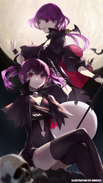 Anime picture 1062x1889 with elsword aisha landar swd3e2 long hair tall image looking at viewer purple eyes multiple girls purple hair horn (horns) night crossed legs crossed arms dual persona girl thighhighs gloves black thighhighs 2 girls animal