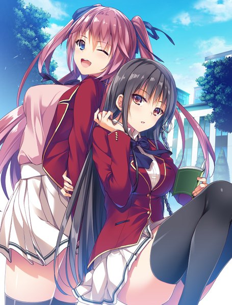 Anime picture 702x925 with youkoso jitsuryoku shijou shugi no kyoushitsu e horikita suzune sakura airi yu yu long hair tall image looking at viewer blush fringe breasts open mouth blue eyes light erotic black hair blonde hair hair between eyes brown hair large breasts standing sitting