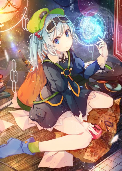 Anime picture 1069x1500 with touhou kawashiro nitori benio (dontsugel) single long hair tall image looking at viewer blush blue eyes sitting twintails aqua hair magic wariza goggles on head girl dress shoes book (books) goggles