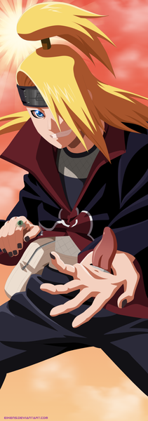 Anime picture 2133x6061 with naruto studio pierrot naruto (series) deidara eikens single long hair tall image fringe highres blue eyes blonde hair smile sky cloud (clouds) ponytail nail polish sunlight hair over one eye grin