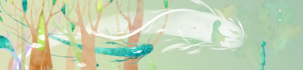 Anime picture 2137x500 with mushishi tagme (character) _cmyk long hair short hair wide image standing traditional clothes japanese clothes profile abstract girl boy plant (plants) tree (trees) kimono fish (fishes) forest