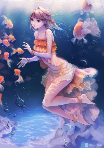 Anime picture 1240x1754 with original chaang single long hair tall image blue eyes smile brown hair bare shoulders signed looking away full body braid (braids) barefoot bare belly bare legs lipstick single braid underwater pink lipstick