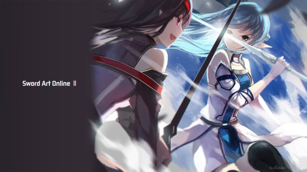 Anime picture 1700x956 with sword art online a-1 pictures yuuki asuna yuuki (sao) swd3e2 long hair black hair wide image multiple girls pointy ears aqua hair inscription grey eyes copyright name battle girl thighhighs dress weapon black thighhighs