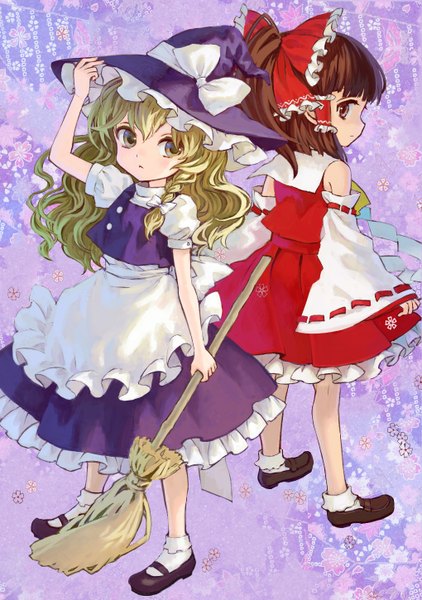 Anime picture 1020x1450 with touhou hakurei reimu kirisame marisa ama-tou long hair tall image short hair blonde hair simple background brown hair multiple girls brown eyes yellow eyes looking away braid (braids) traditional clothes single braid miko purple background :<