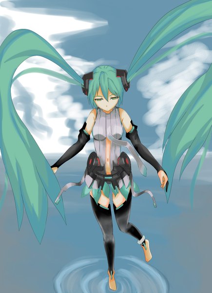 Anime picture 1263x1740 with vocaloid vocaloid append hatsune miku hatsune miku (append) 0.0 single tall image twintails sky cloud (clouds) very long hair barefoot aqua eyes aqua hair girl thighhighs skirt navel black thighhighs detached sleeves