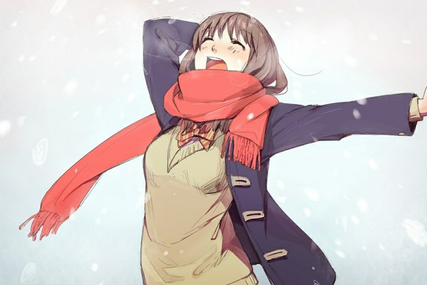 Anime picture 900x600 with original kawai makoto single long hair blush fringe open mouth brown hair eyes closed outstretched arm snowing winter arm behind head exhalation yawn girl uniform school uniform scarf coat