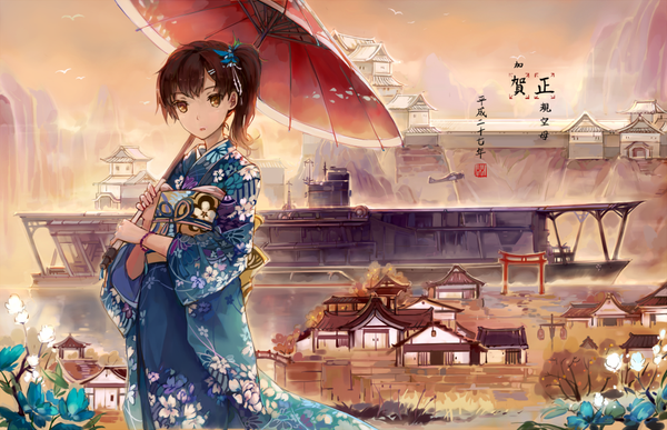 Anime picture 961x620 with kantai collection kaga aircraft carrier d.b.spark single long hair looking at viewer fringe brown hair standing brown eyes traditional clothes japanese clothes hair flower floral print side ponytail mountain girl hair ornament flower (flowers) plant (plants)