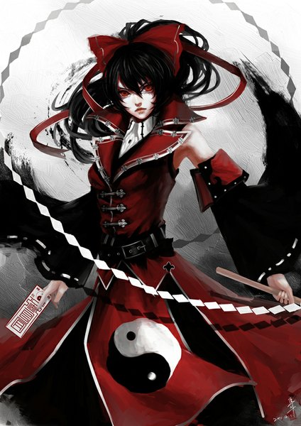 Anime picture 622x880 with touhou koumajou densetsu koumajou densetsu 2 hakurei reimu sun dou single long hair tall image looking at viewer black hair red eyes ponytail alternate costume yin yang girl bow hair bow detached sleeves