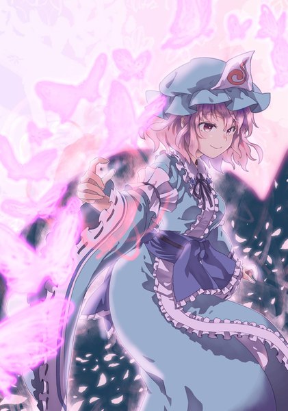 Anime picture 809x1154 with touhou saigyouji yuyuko akidzuki haruhi single tall image short hair smile looking away pink hair pink eyes girl hat petals frills insect butterfly obi bonnet triangular headpiece