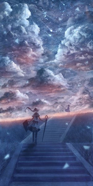 Anime picture 675x1350 with original bounin long hair tall image multiple girls sky cloud (clouds) wind from behind landscape scenic silhouette closed umbrella girl thighhighs black thighhighs 2 girls serafuku umbrella stairs