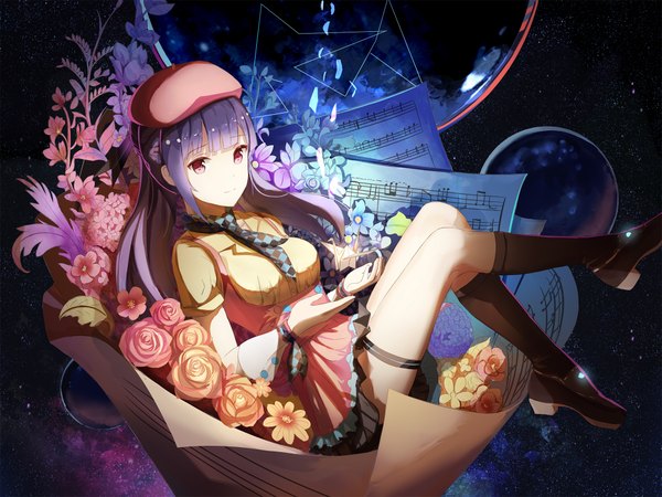 Anime picture 2000x1500 with vocaloid xin hua red flowers single long hair looking at viewer highres red eyes blue hair dark background girl dress flower (flowers) socks necktie rose (roses) black socks beret paper