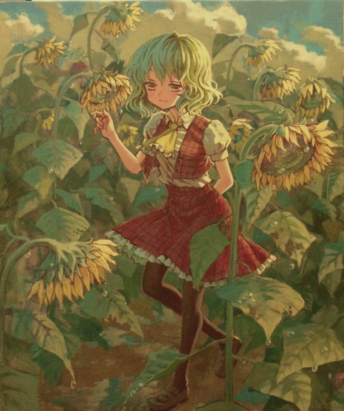 Anime picture 1446x1726 with touhou kazami yuuka ama-tou single tall image short hair smile brown eyes sky cloud (clouds) green hair girl dress skirt skirt set sunflower