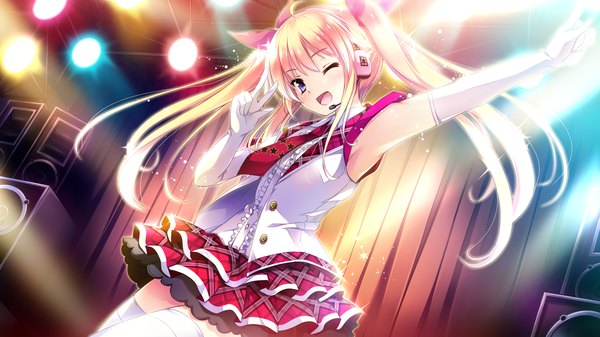 Anime picture 1920x1080 with ojousama wa gokigen naname hibiki otoha single long hair highres open mouth blonde hair smile wide image game cg one eye closed wink armpit (armpits) girl thighhighs skirt gloves white thighhighs elbow gloves microphone