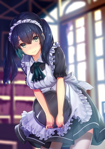 Anime picture 1276x1805 with original kagematsuri single long hair tall image looking at viewer blush fringe black hair smile hair between eyes twintails holding indoors multicolored hair blurry two-tone hair short sleeves maid leaning