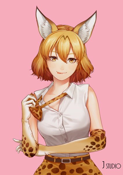 Anime picture 1654x2339 with kemono friends serval (kemono friends) joe (pixiv 5075180) single tall image looking at viewer blush fringe short hair simple background blonde hair smile hair between eyes brown eyes signed animal ears upper body lying sleeveless pink background