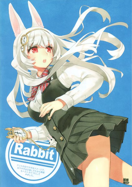 Anime picture 2139x3026 with original kawaku single long hair tall image highres open mouth simple background red eyes animal ears looking away white hair pleated skirt looking back scan bunny ears text floating hair symbol-shaped pupils bunny girl