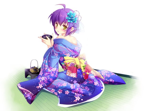 Anime picture 970x750 with magical halloween noir auslese tokinon single looking at viewer blush short hair white background yellow eyes purple hair traditional clothes japanese clothes girl hair ornament kimono kanzashi